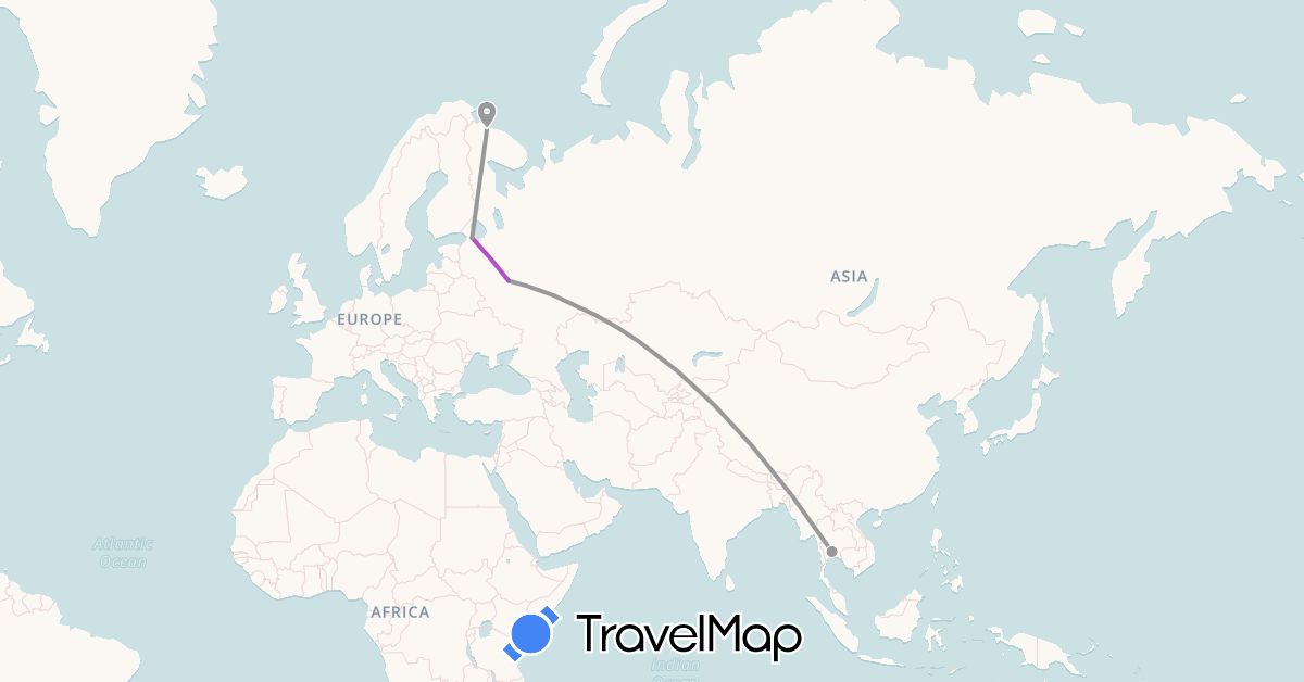 TravelMap itinerary: driving, plane, train in Russia, Thailand (Asia, Europe)